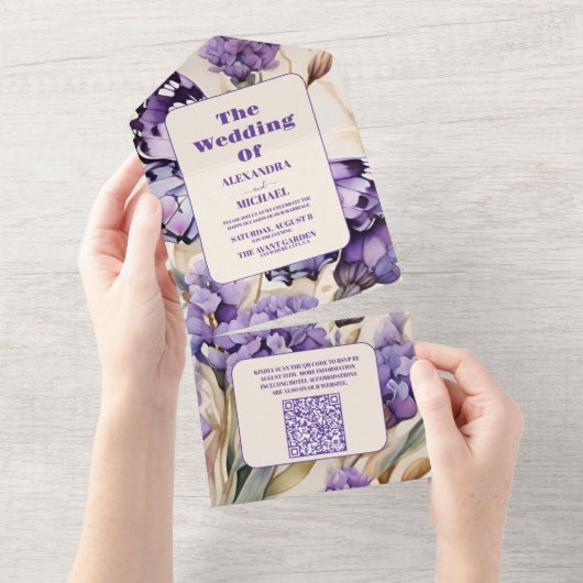 QR Code Lavendel Paarse Bloemen Elegante Bruiloft All In One Uitnodiging (Afscheurbaar)