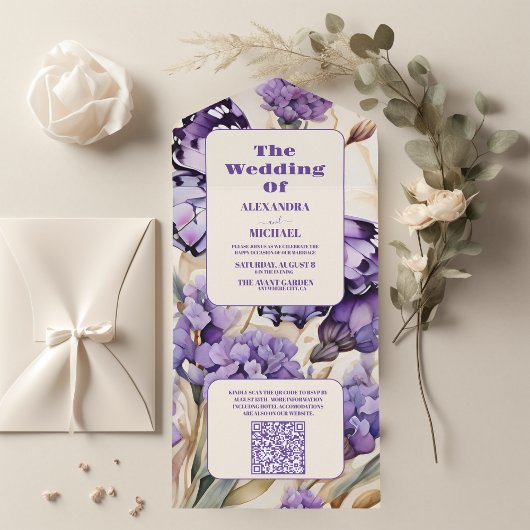 QR Code Lavendel Paarse Bloemen Elegante Bruiloft All In One Uitnodiging