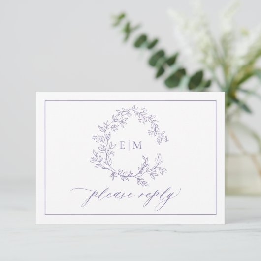 QR Code Lavender Leafy Crest Monogram Weddenschap RSVP Kaartje (Staand voorkant)