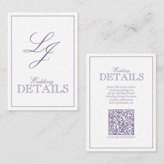 QR Code Lavender Script Monogram bruiloft details Informatiekaartje (Voorkant / Achterkant)