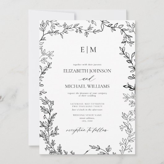 QR Code Leaf Black White Elegant Monogram Weddensc Kaart (Voorkant)