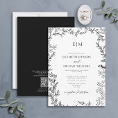 QR Code Leaf Black White Elegant Monogram Weddensc Kaart