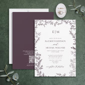 QR Code Leaf Plum Paarse Elegant Monogram Weddensc Kaart