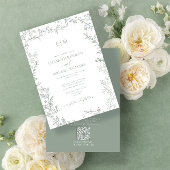 QR Code Leaf Sage Green Elegant Monogram Weddensch Kaart