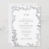 QR-code lef Navy Blue Elegant Monogram Weddenschap Kaart (Voorkant)