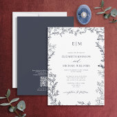 QR-code lef Navy Blue Elegant Monogram Weddenschap Kaart