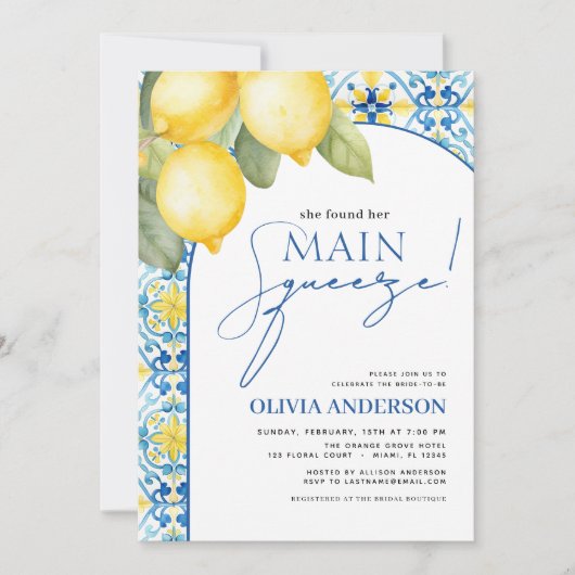 QR Code Lemon Main Squeeze Vrijgezellenfeest Invit Kaart (Voorkant)