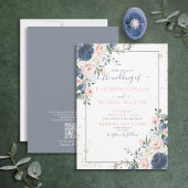 QR-code Licht mosterd Blauw Blush Pink Gold Floral Kaart