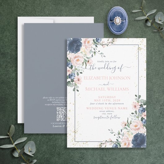 QR-code Licht mosterd Blauw Blush Pink Gold Floral Kaart