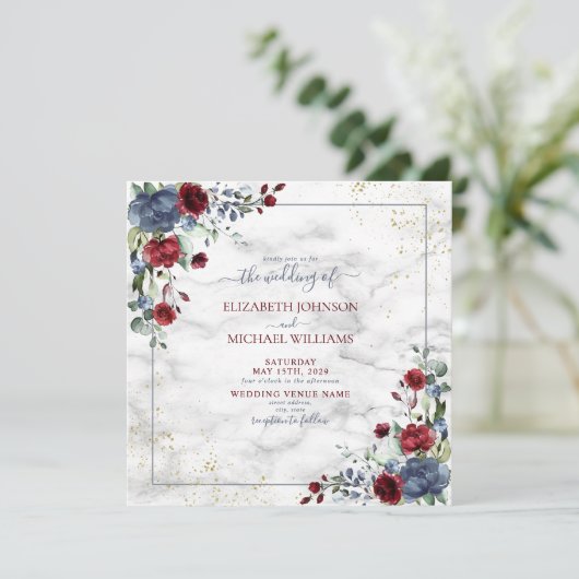 QR-code Light Dusty Blue Burgundy Gold Floral Kaart (Staand voorkant)