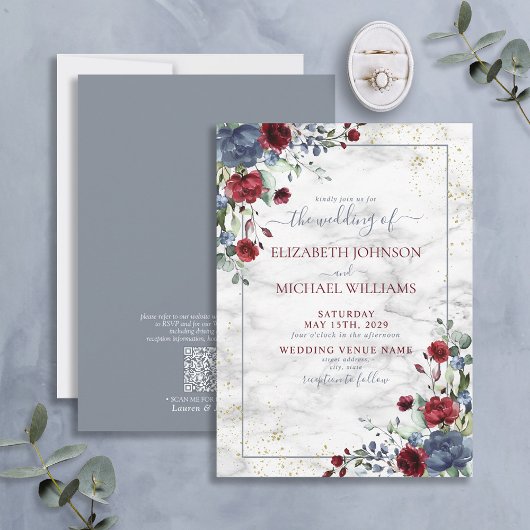 QR-code Light Dusty Blue Burgundy Gold Floral Kaart