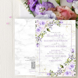 QR Code Lila Lavender Gold Marble Floral Wedding Kaart