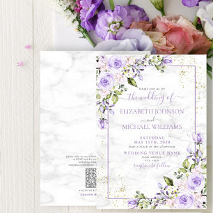 QR Code Lila Lavender Gold Marble Floral Wedding Kaart