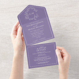 QR Code Lila Lavender Leafy Crest Monogram All In One Uitnodiging