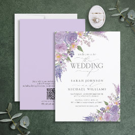 QR Code Lila Lavender Mauve Script Floral Weddensc Kaart