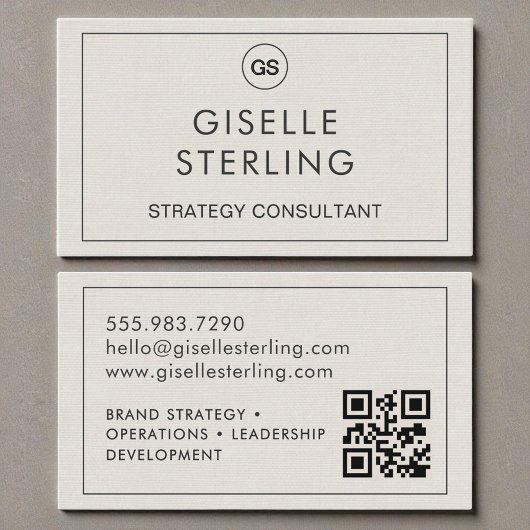 QR Code Linen Monogram Modern Visitekaartje