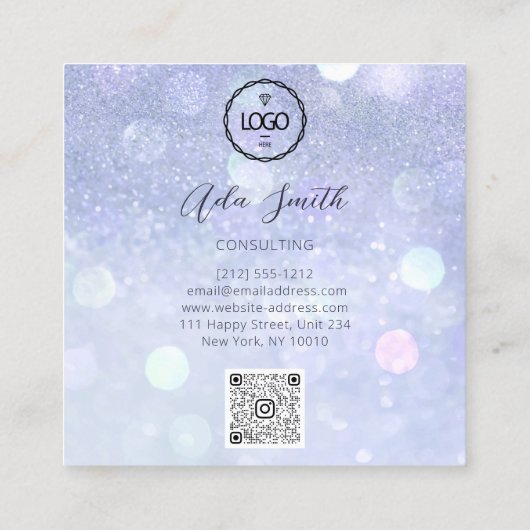 QR Code Logo Aangepast Aangepast Fotoblauw Glitter Vierkante Visitekaartje (Achterkant)