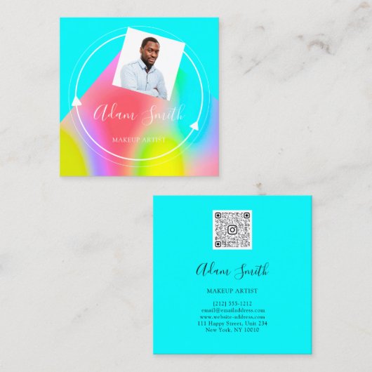 QR Code Logo Aangepaste Aangepaste foto Blauw make Vierkante Visitekaartje (Voorkant / Achterkant)
