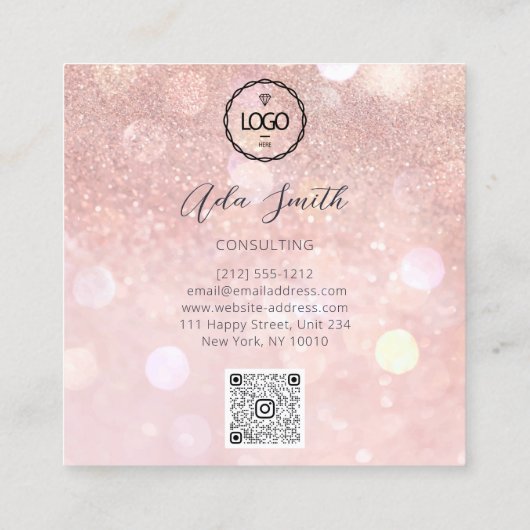 QR Code Logo Aangepaste Aangepaste foto Roos Glitt Vierkante Visitekaartje (Achterkant)