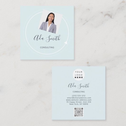 QR Code Logo Aangepaste foto's consulteren Aqua Vierkante Visitekaartje (Voorkant / Achterkant)