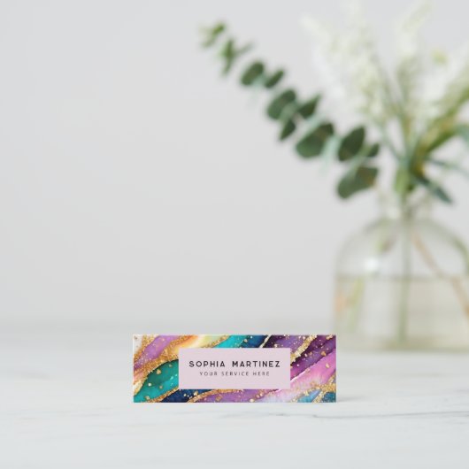 QR Code & Logo Elegant Rainbow Agate gold Glitter  Mini Visitekaartje (Staand voorkant)