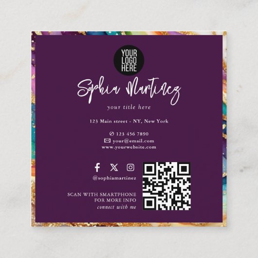 QR Code & Logo Elegant Rainbow Agate gold Glitter Vierkante Visitekaartje (Achterkant)