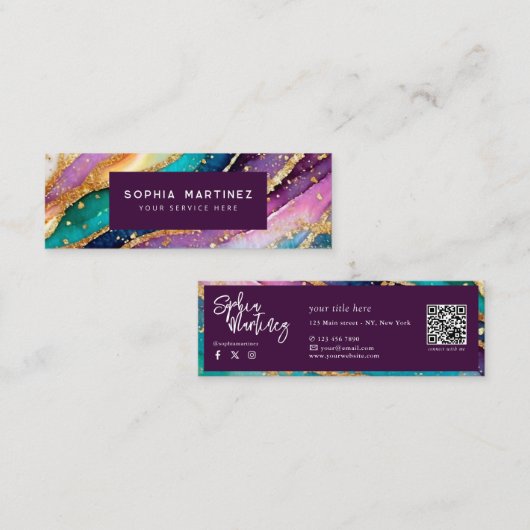 QR-code & Logo Elegante Regenboog Agate goud Glitt Mini Visitekaartje (Voorkant / Achterkant)