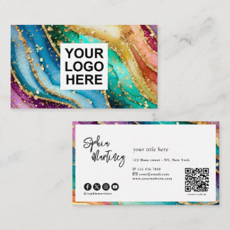 QR Code & Logo Elegante Regenboog Agate goud Glitt Visitekaartje