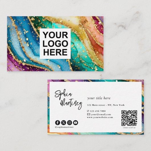 QR Code & Logo Elegante Regenboog Agate goud Glitt Visitekaartje (Voorkant / Achterkant)