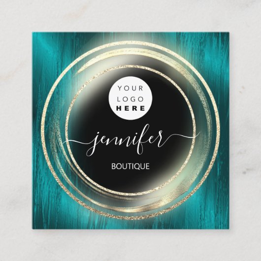 QR Code Logo Glitter Gold Blauwgroen Shop Boutique Vierkante Visitekaartje (Voorkant)