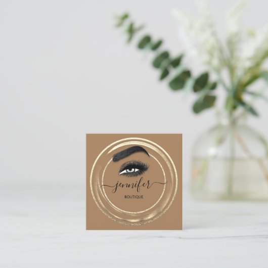 QR-code Logo Glitter Gold Brown Eyelash-microblade Vierkante Visitekaartje (Staand voorkant)