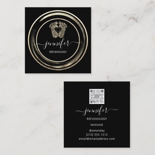 QR Code Logo Gold Black Reflexology Foot Massages Vierkante Visitekaartje (Voorkant / Achterkant)
