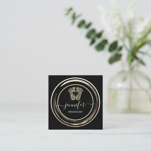 QR Code Logo Gold Black Reflexology Foot Massages Vierkante Visitekaartje (Staand voorkant)
