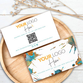 QR Code Logo Gold Turquoise Waterverf Splatter Visitekaartje