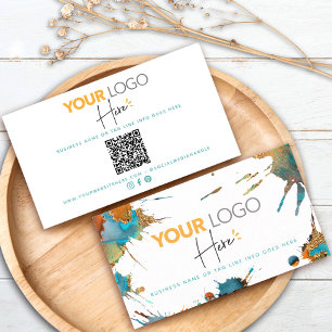 QR Code Logo Gold Turquoise Waterverf Splatter Visitekaartje
