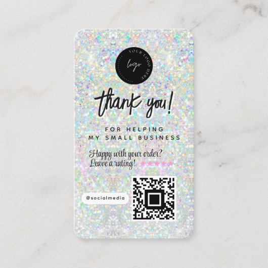 QR-code & logo holografische glitters Dank je wel Visitekaartje (Voorkant)