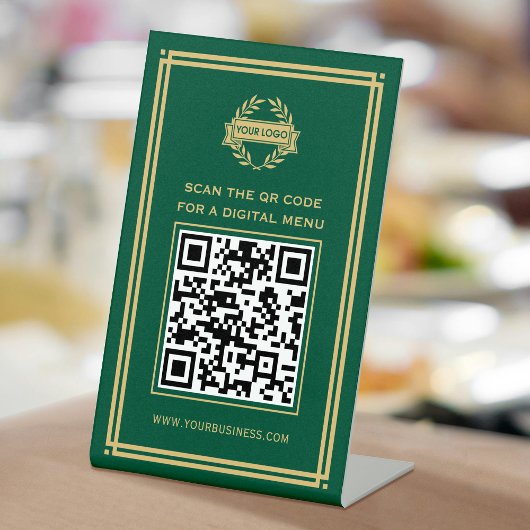 QR Code Logo Menu Contactloos Classic Green Gold Reclamebord Met Voetstuk
