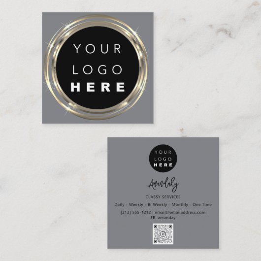 QR Code Logo Online Winkelen Lijst Gold Vivd Grey Vierkante Visitekaartje (Voorkant / Achterkant)