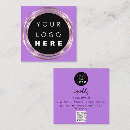 QR Code Logo Online Winkelen Lijst Gold Vivd Paars Vierkante Visitekaartje (Voorkant / Achterkant)