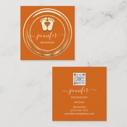 QR Code Logo Reflexology Foot Massage Feet Oranje Vierkante Visitekaartje (Voorkant / Achterkant)