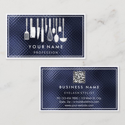 QR CODE Logo Restaurant Koken Diet Chef Navy Visitekaartje (Voorkant / Achterkant)