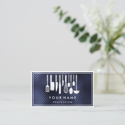 QR CODE Logo Restaurant Koken Diet Chef Navy Visitekaartje (Staand voorkant)