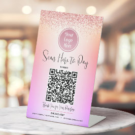 QR Code Logo Roze Glitter Paarse Ombre Betaal Hier Reclamebord Met Voetstuk