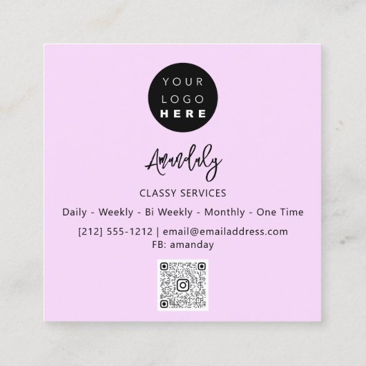 QR-code Logo Roze minimalistisch deegelaar Vierkante Visitekaartje (Achterkant)