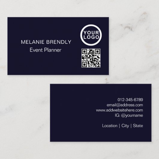 QR Code Logo Simple Navy Blue Visitekaartje (Voorkant / Achterkant)