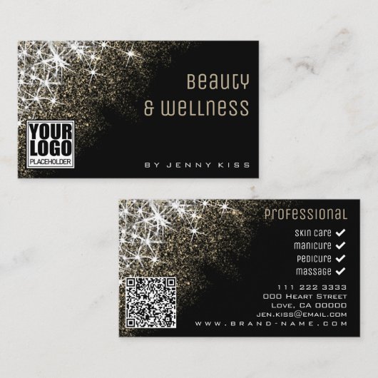 QR Code Logo Sjabloon Lichtgevende Gouden Glitters Visitekaartje (Voorkant / Achterkant)