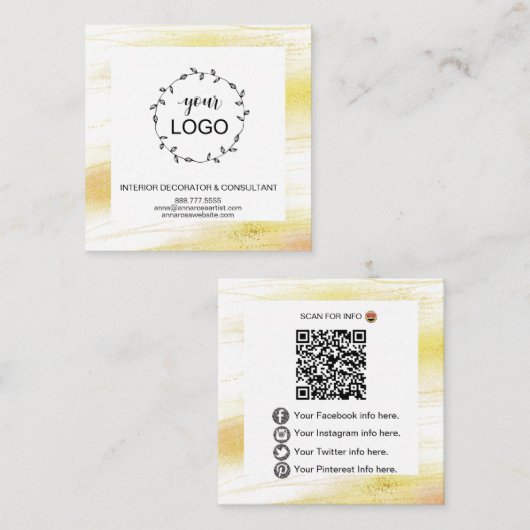 *~* QR Code LOGO- Sociale media pictogrammen Gold  Vierkante Visitekaartje (Voorkant / Achterkant)