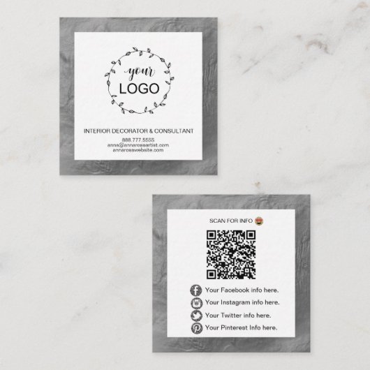 *~* QR Code LOGO- Sociale media pictogrammen SILVE Vierkante Visitekaartje (Voorkant / Achterkant)