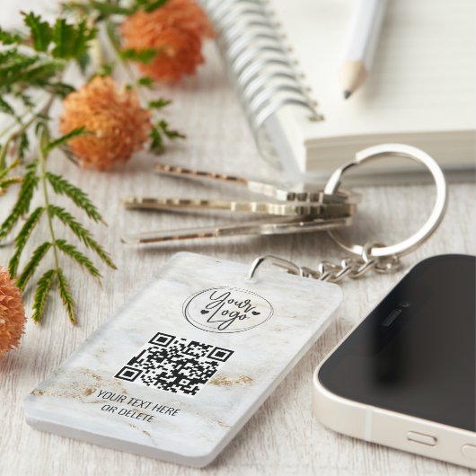 QR Code Logo White Gold Marble Business Sleutelhanger (Voorkant Rechts)