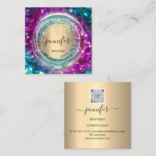 QR-code Logo Winkelroze goudschijven Confetti Vierkante Visitekaartje (Voorkant / Achterkant)